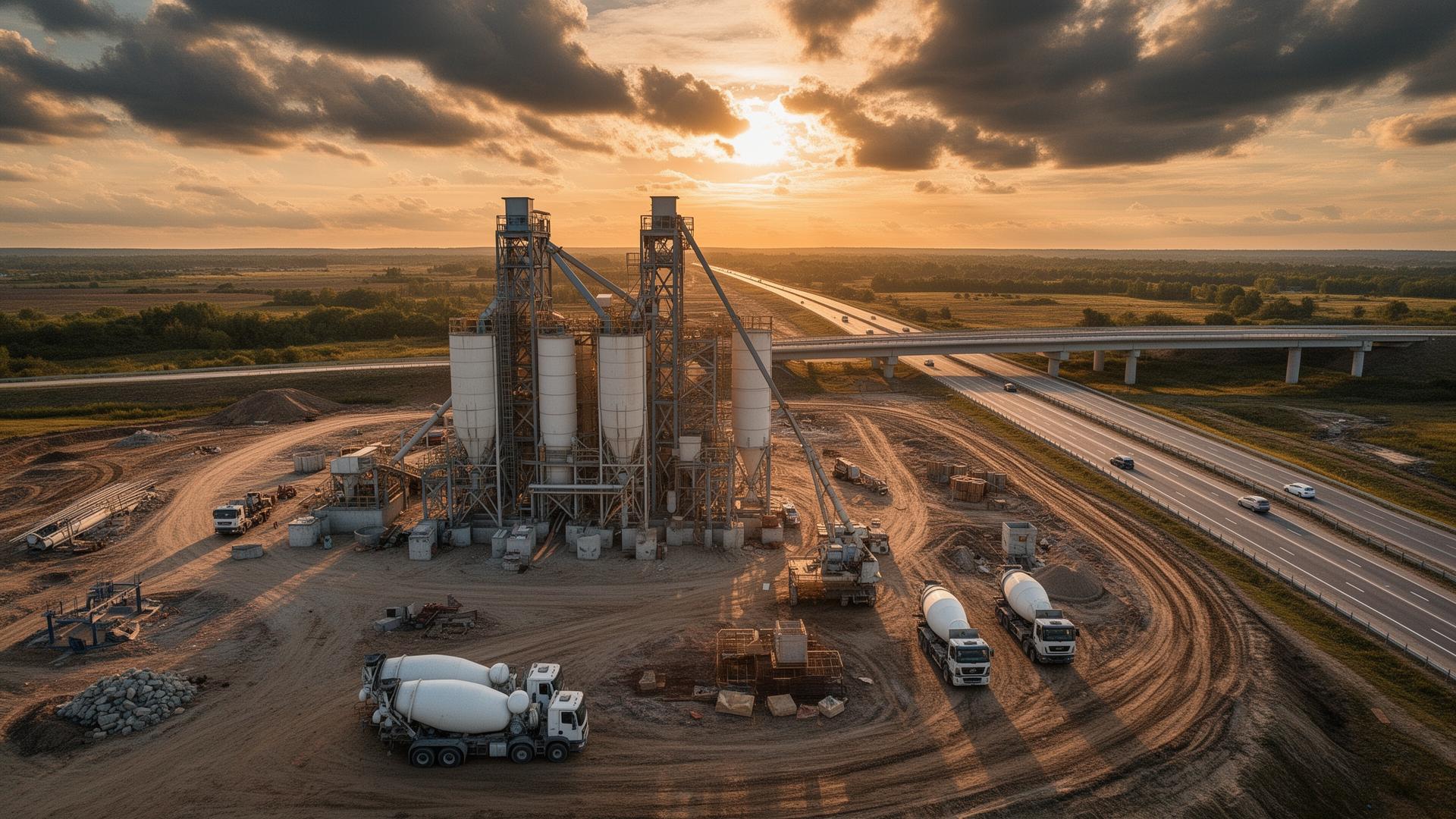 Concrete batching plant at golden hour